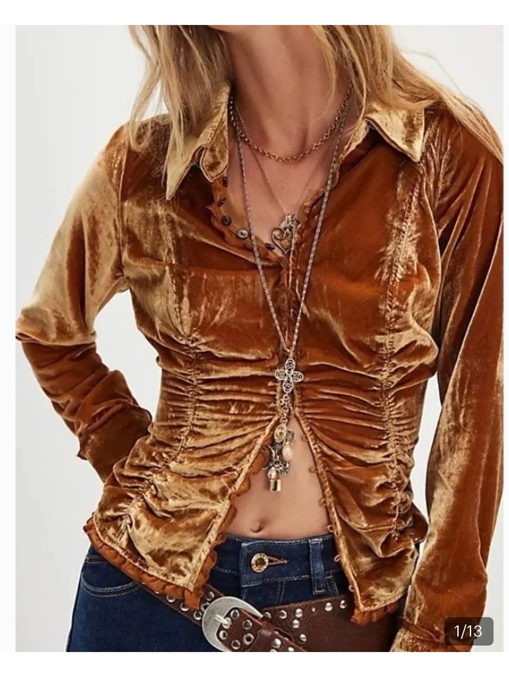 FREE PEOPLE NWT So Julia Velvet long sleeve ruffled button front top